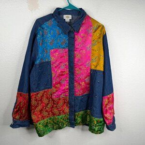 Sandy Starkman Women's Top Multicolor Sz 2X Patchwork Denim Beads Artsy Eclectic